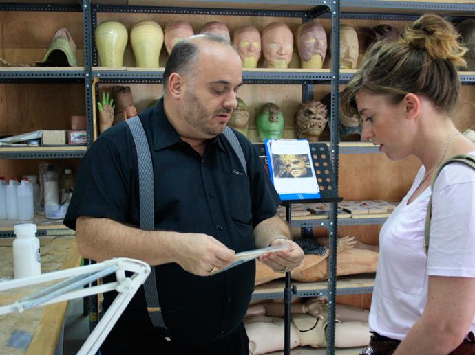 Catherine Biggs from Ireland visiting the wig production in Bali Sari Rambut Orlando Bassi showing prosthetic production tiga-d