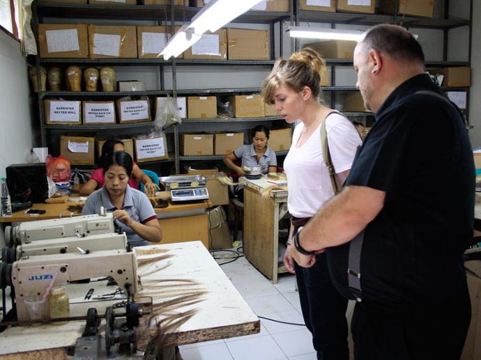 Catherine Biggs from Ireland visiting the wig production in Bali Sari Rambut Orlando Bassi showing hair wefting in sari rambut wig production