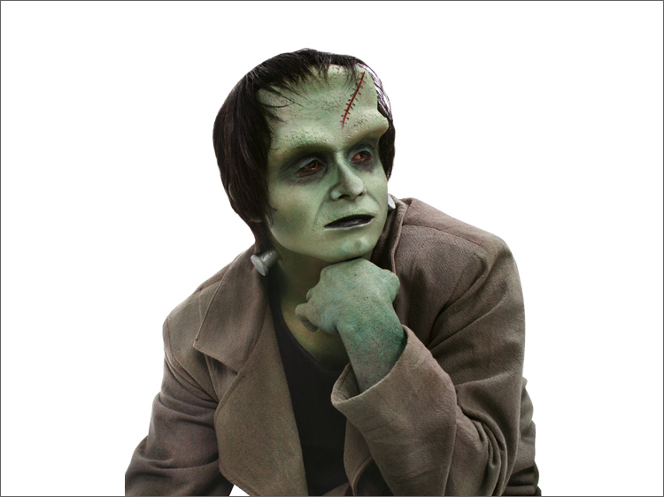 tiga-d character prosthetic product herman monster forehead make-up sari rambut